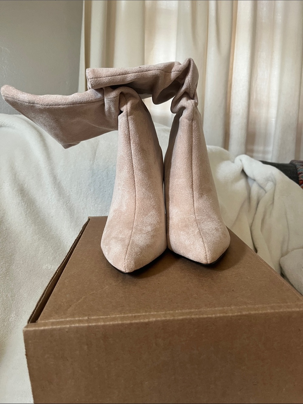Women's Tie-Top Suede Pointed-Toe Boots in Blush